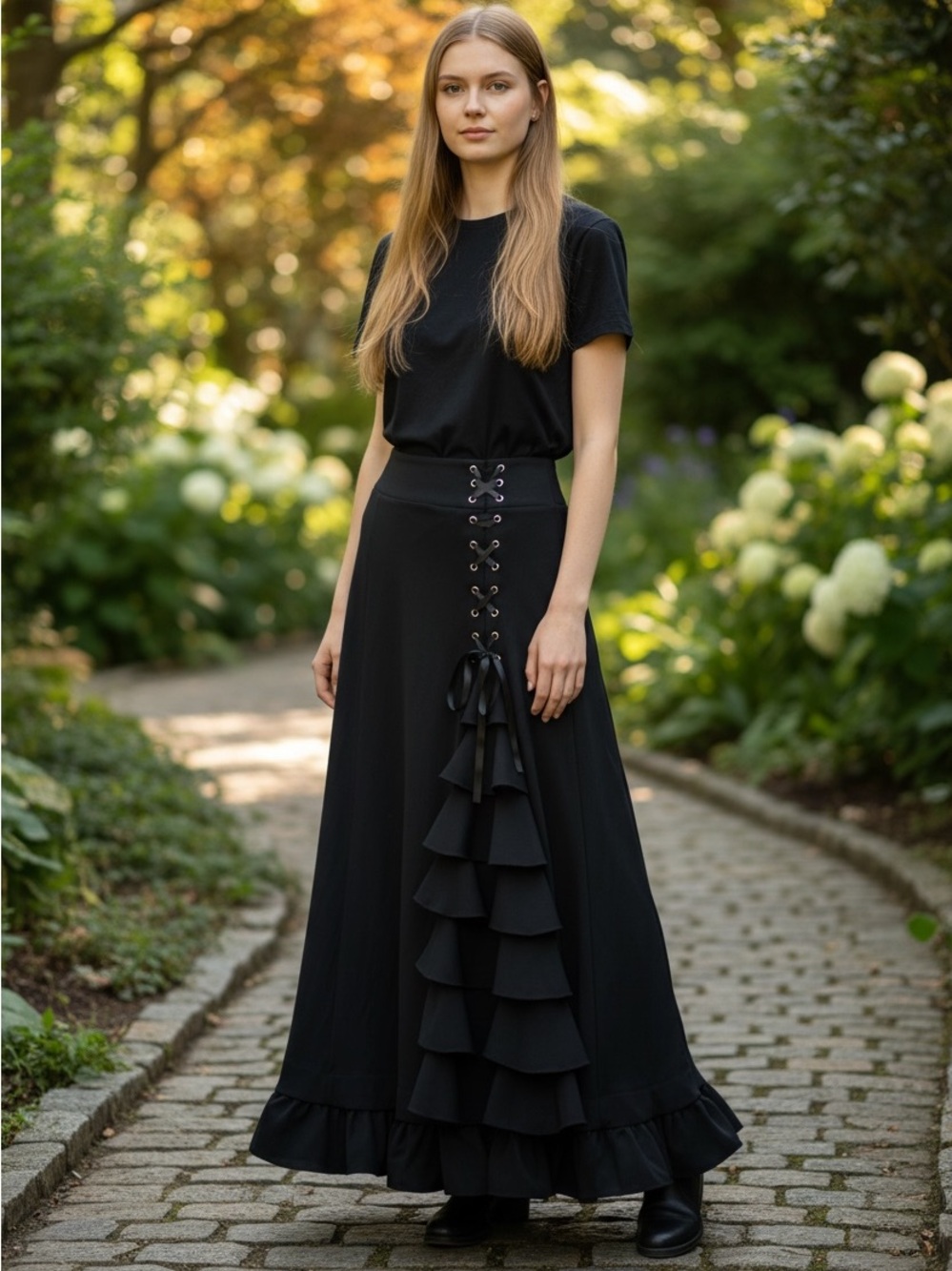 NWTs Lace-Up Black Tiered Ruffle Maxi Skirt